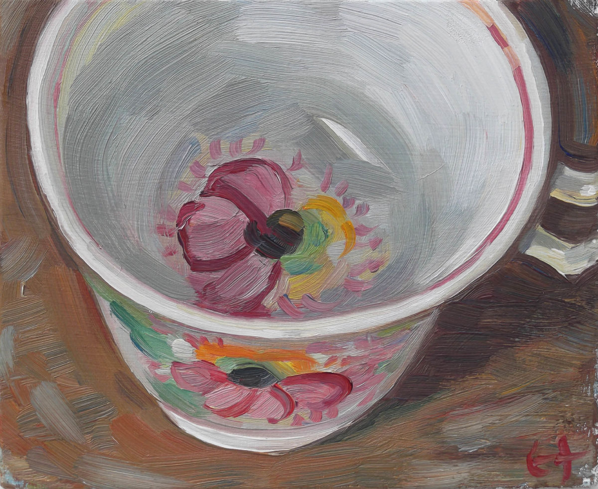 cup with black centred flower