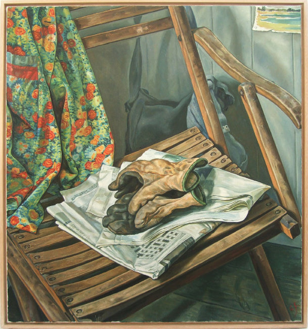 Garden gloves and newspaper on Tristram's chair